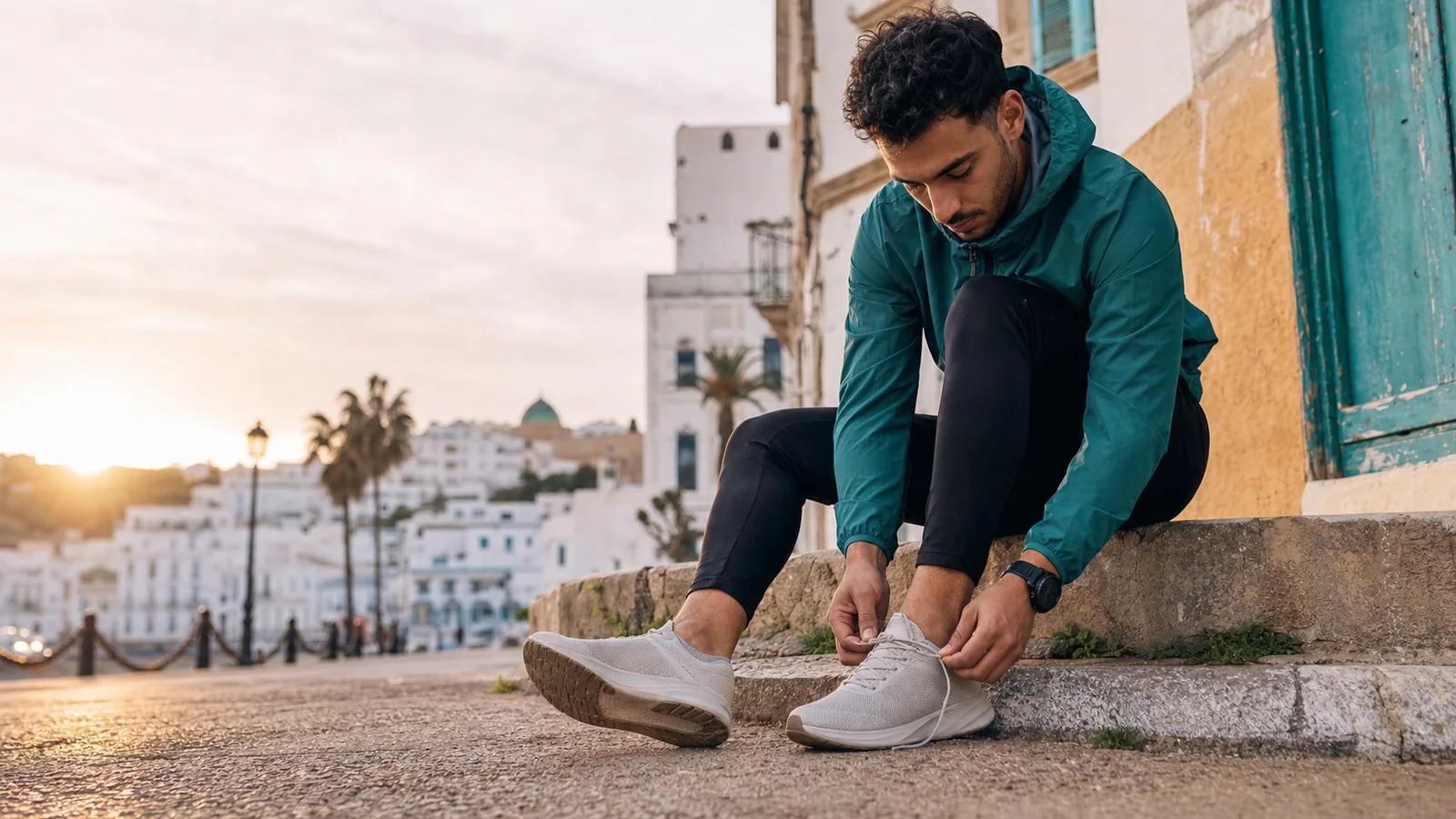 Illustration of an Algerian road runner tying neutral running shoes before a morning run
