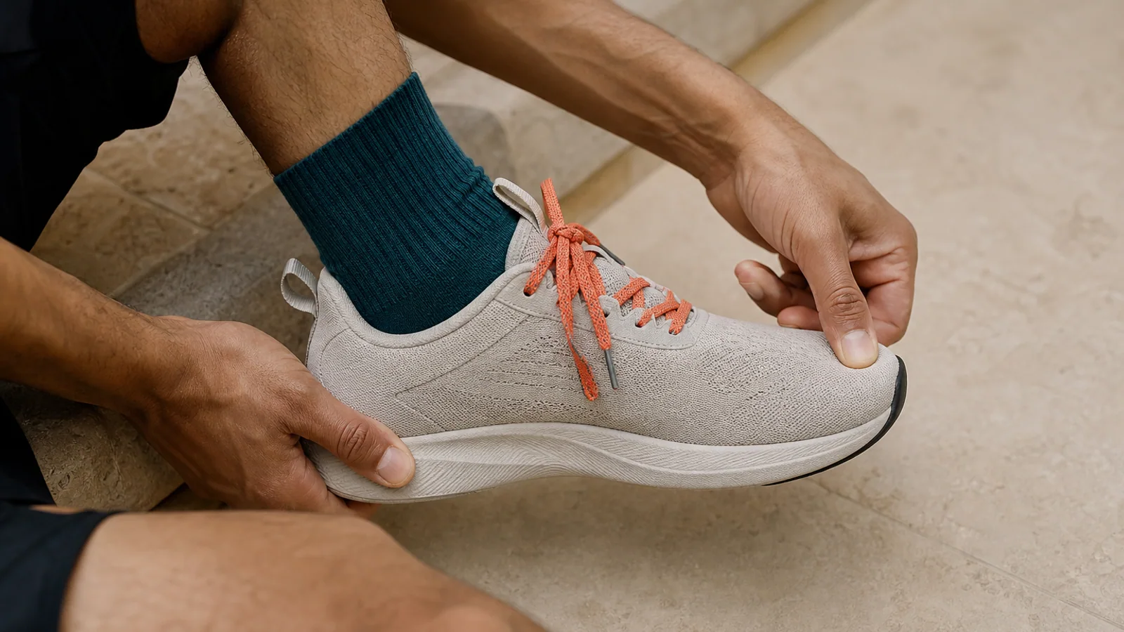 A runner checks toe room and heel fit in an unbranded daily training shoe.