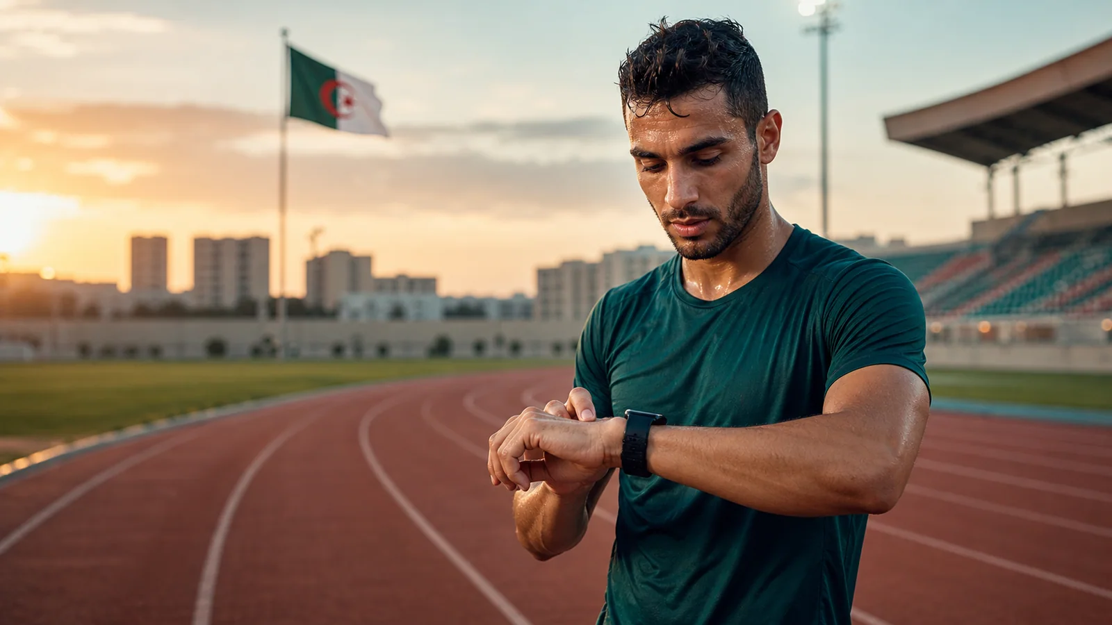 A young Algerian man checking his GPS watch beside a stadium track at sunset