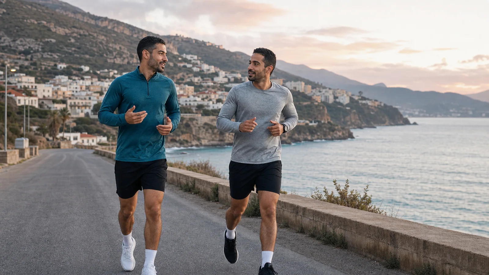Two Algerian men running at a conversational pace on a coastal road at dawn