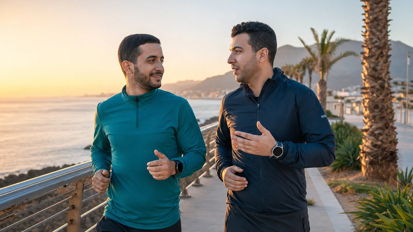 Two runners using the talk test during an easy coastal run.