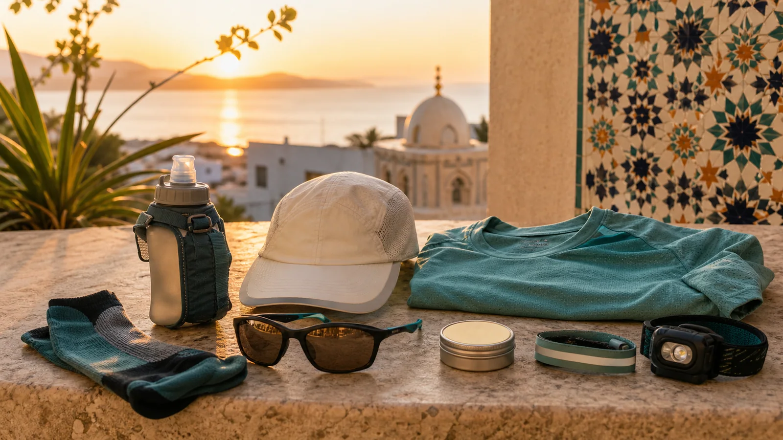 Illustration of practical summer running gear arranged for an Algerian dawn run