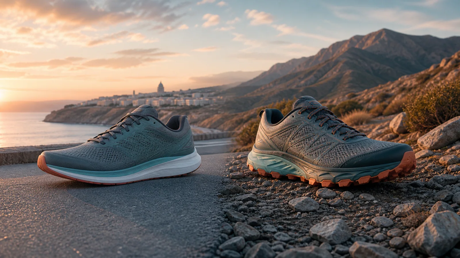 Illustration comparing a road shoe on pavement with a trail shoe on rocky Algerian terrain