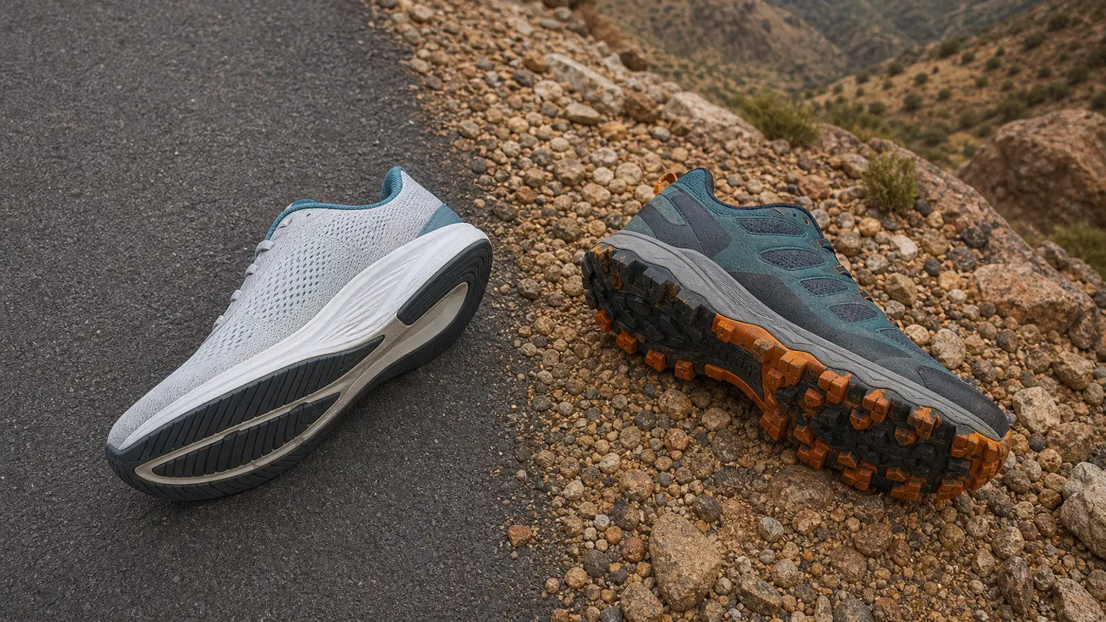 A road shoe and a trail shoe shown on the surfaces each is designed for.