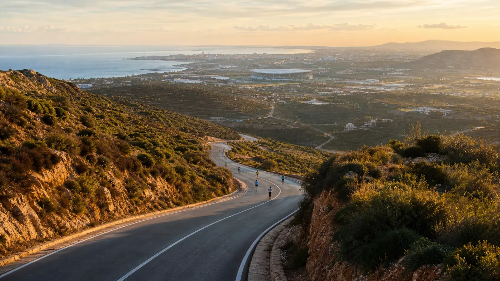 Distant male runners spread along a winding Algerian road through Mediterranean hills