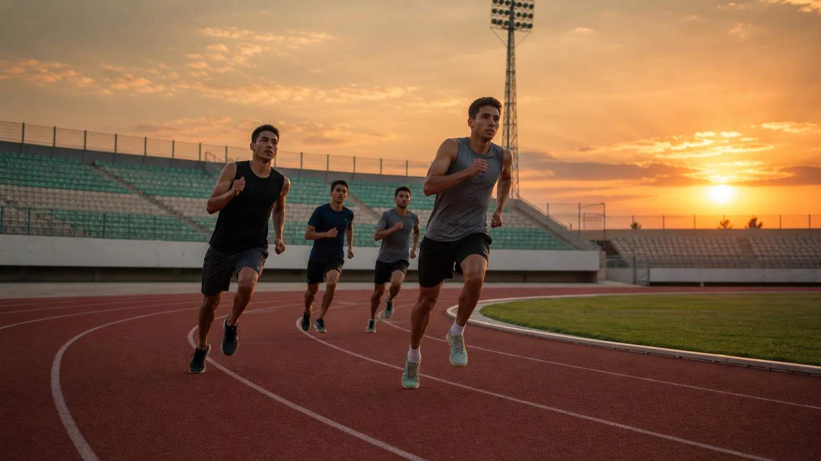 Young Algerian men running fast on a stadium track at sunset
